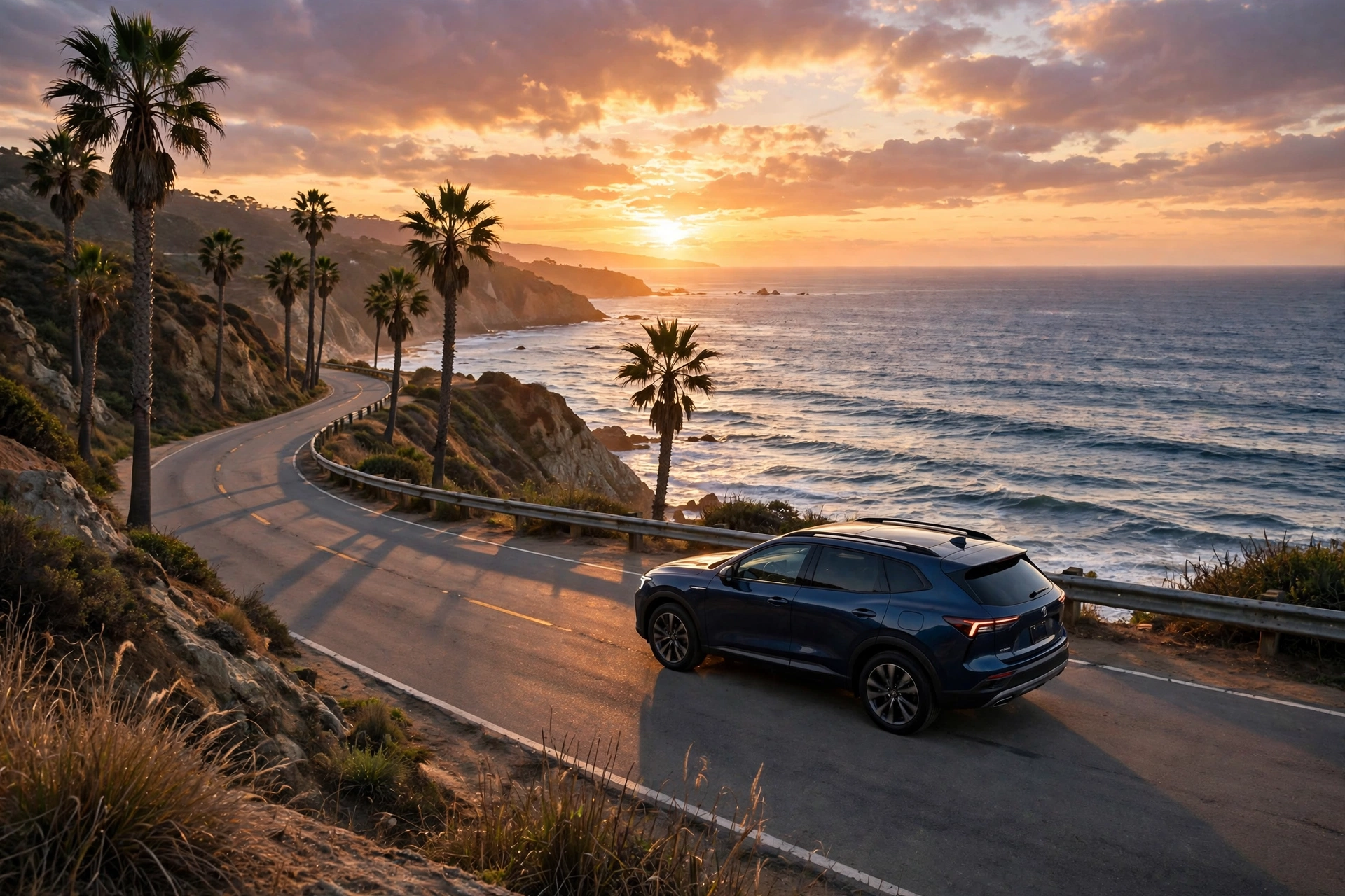 Car on a coastal road at sunset