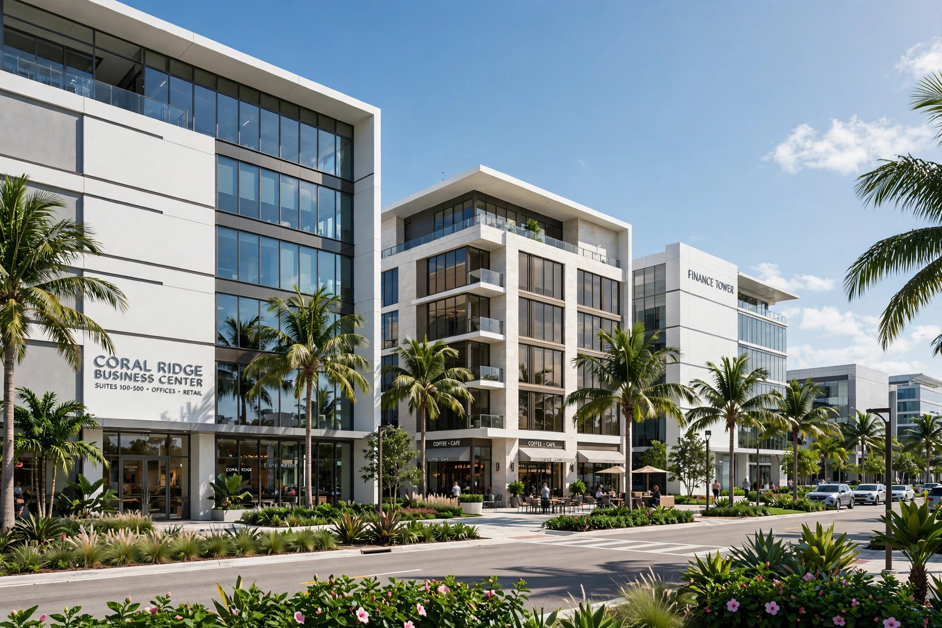Modern commercial buildings with palm trees