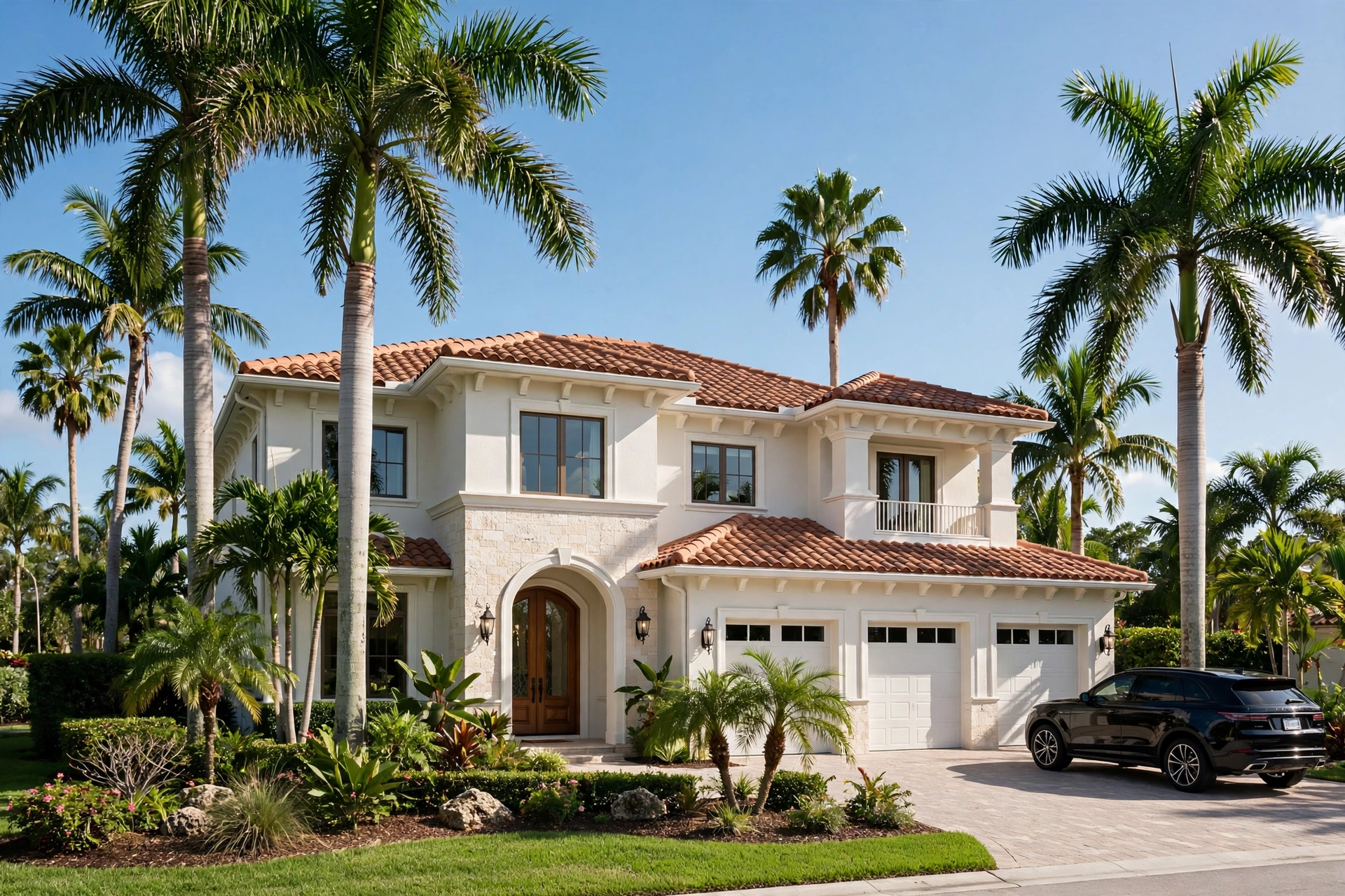 Florida home with palm trees and a parked car